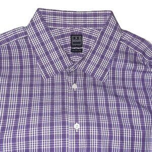 Ike Behar Men’s Dress Shirt 18x37 Purple White Plaid Cotton Long Sleeve